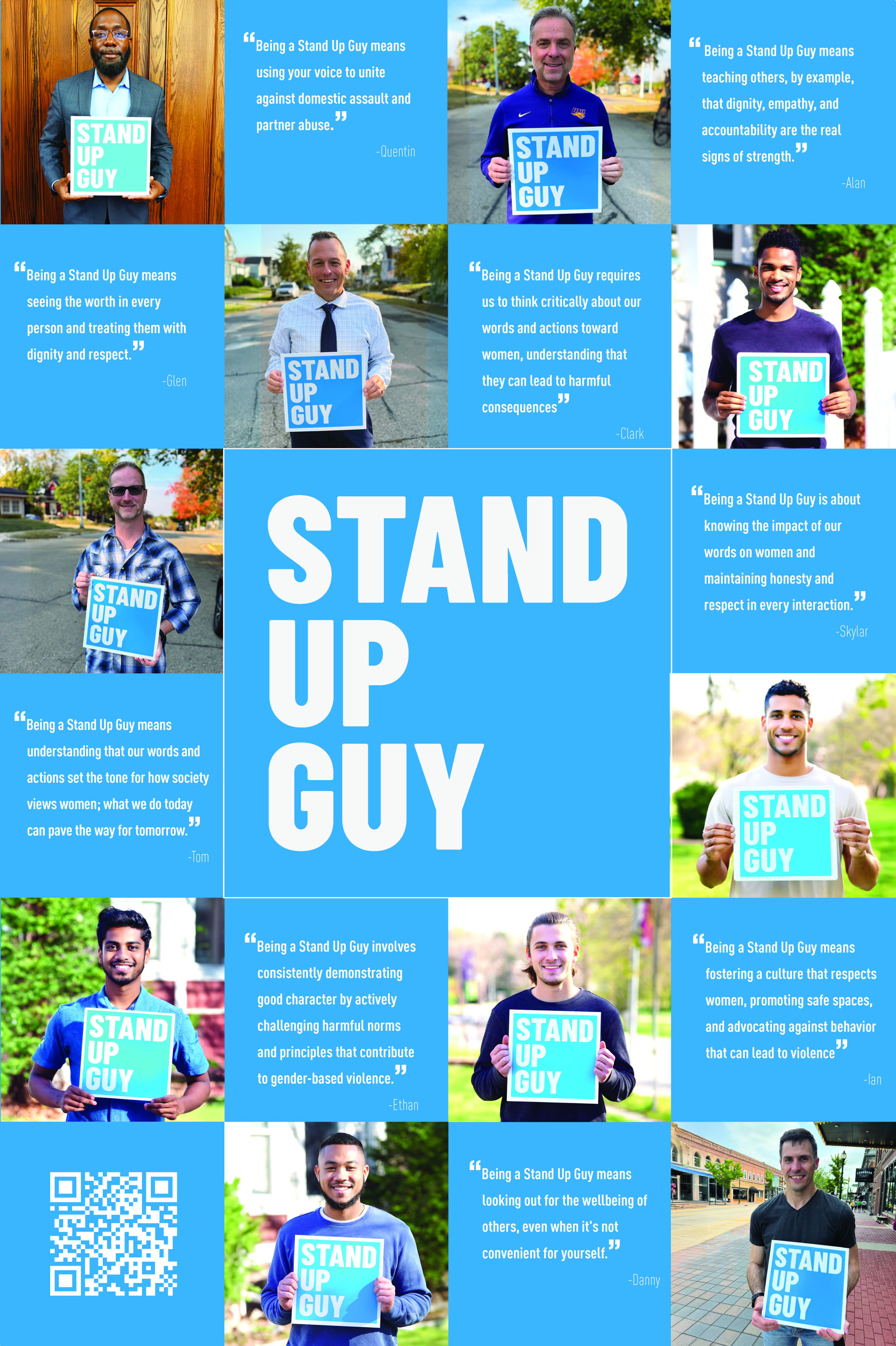 Stand Up Guys with blue signs and quotes